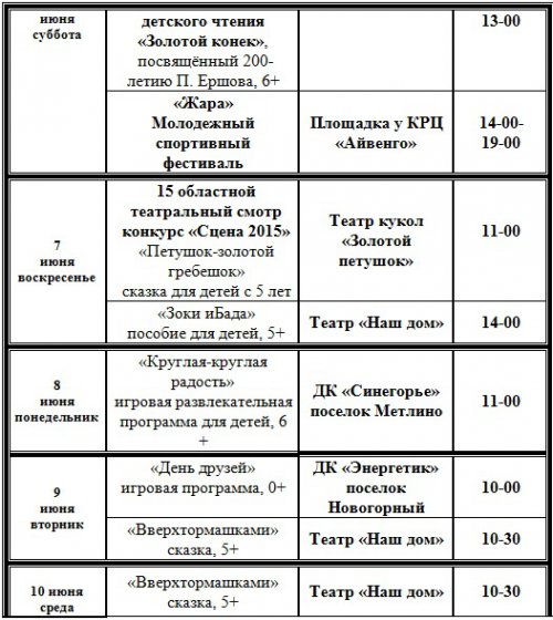 План мероприятий учреждений культуры на июнь План мероприятий учреждений культуры на июнь